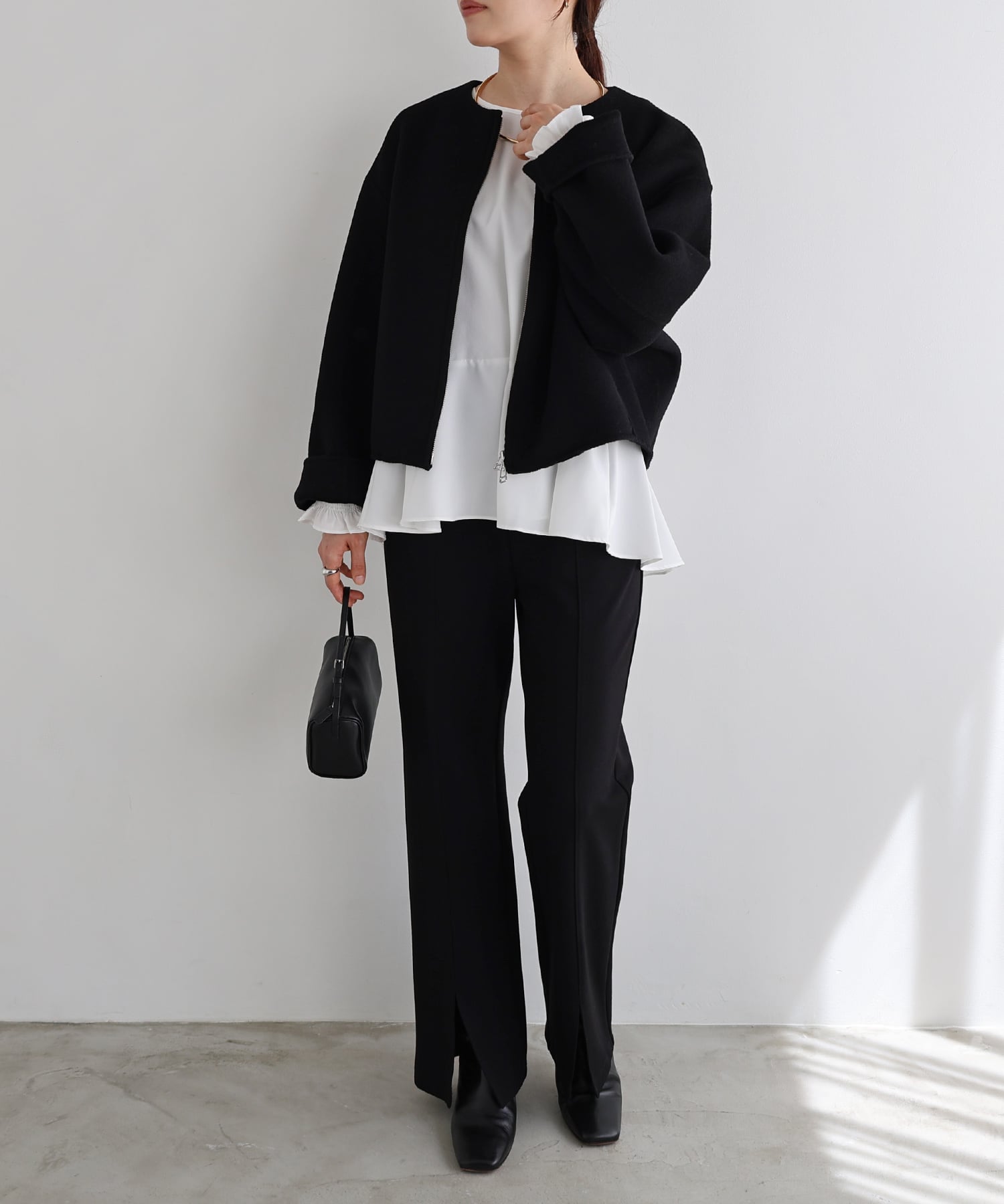 andme｜リバー ジップ ノーカラー ショート コート evernavy エバー