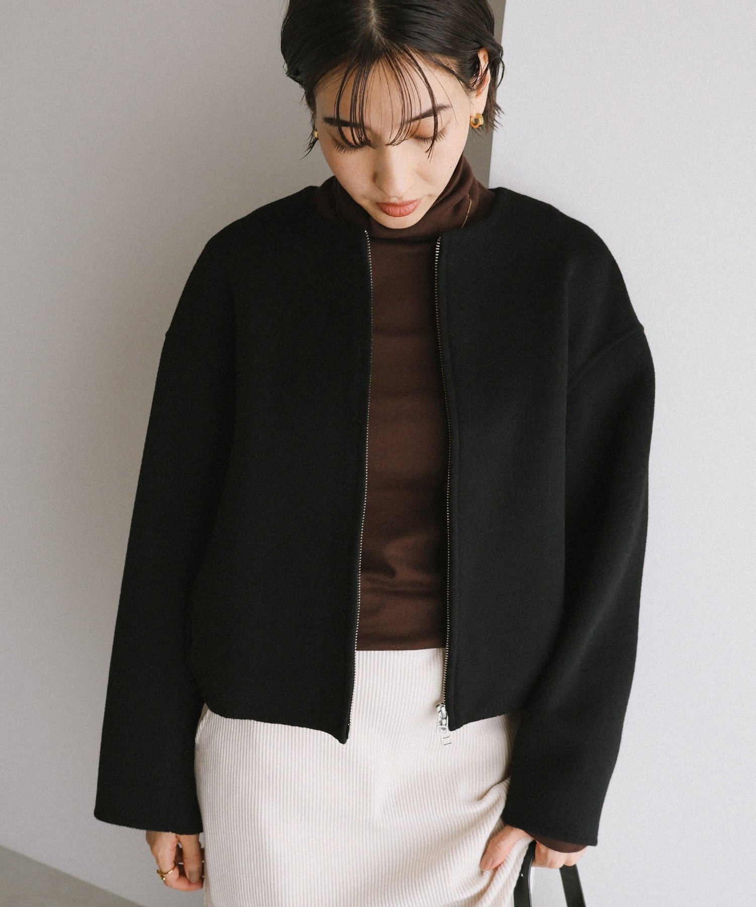 andme｜リバー ジップ ノーカラー ショート コート evernavy エバー