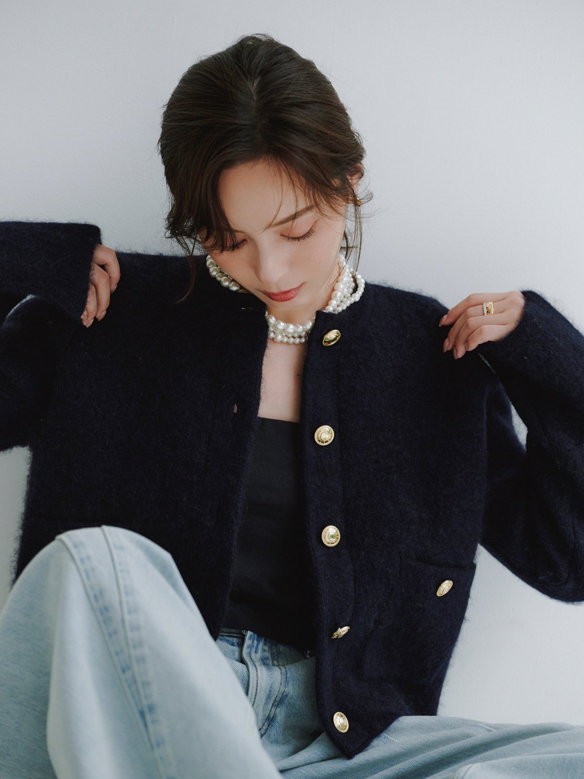 anuans｜カシミヤブレンドノーカラーニットジャケット | Rakuten