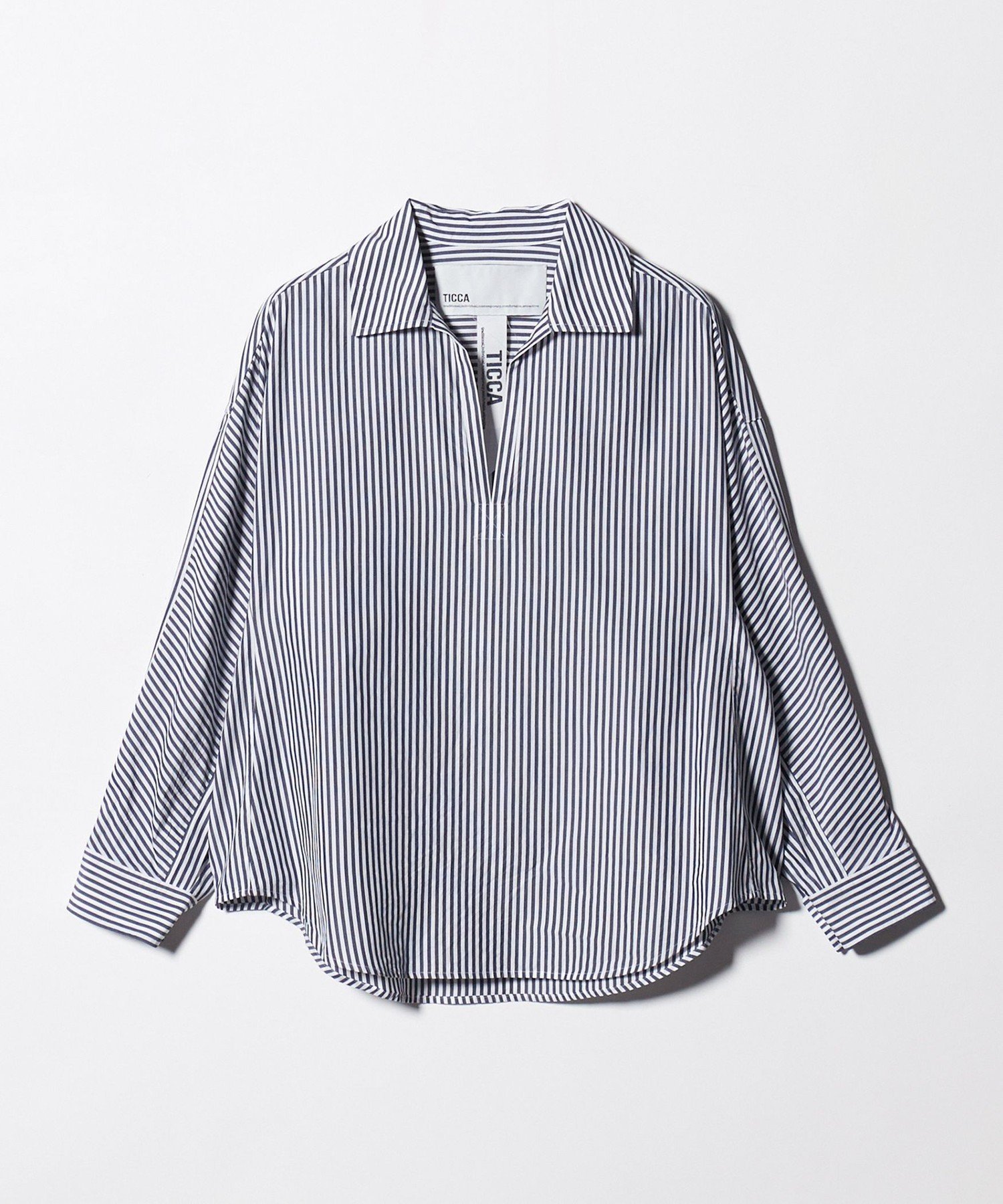 美品▲TICCA //ブルーストライプ長袖シャツ▲スキッパー プルオーバー TICCA＞ストライプ スキッパー シャツ