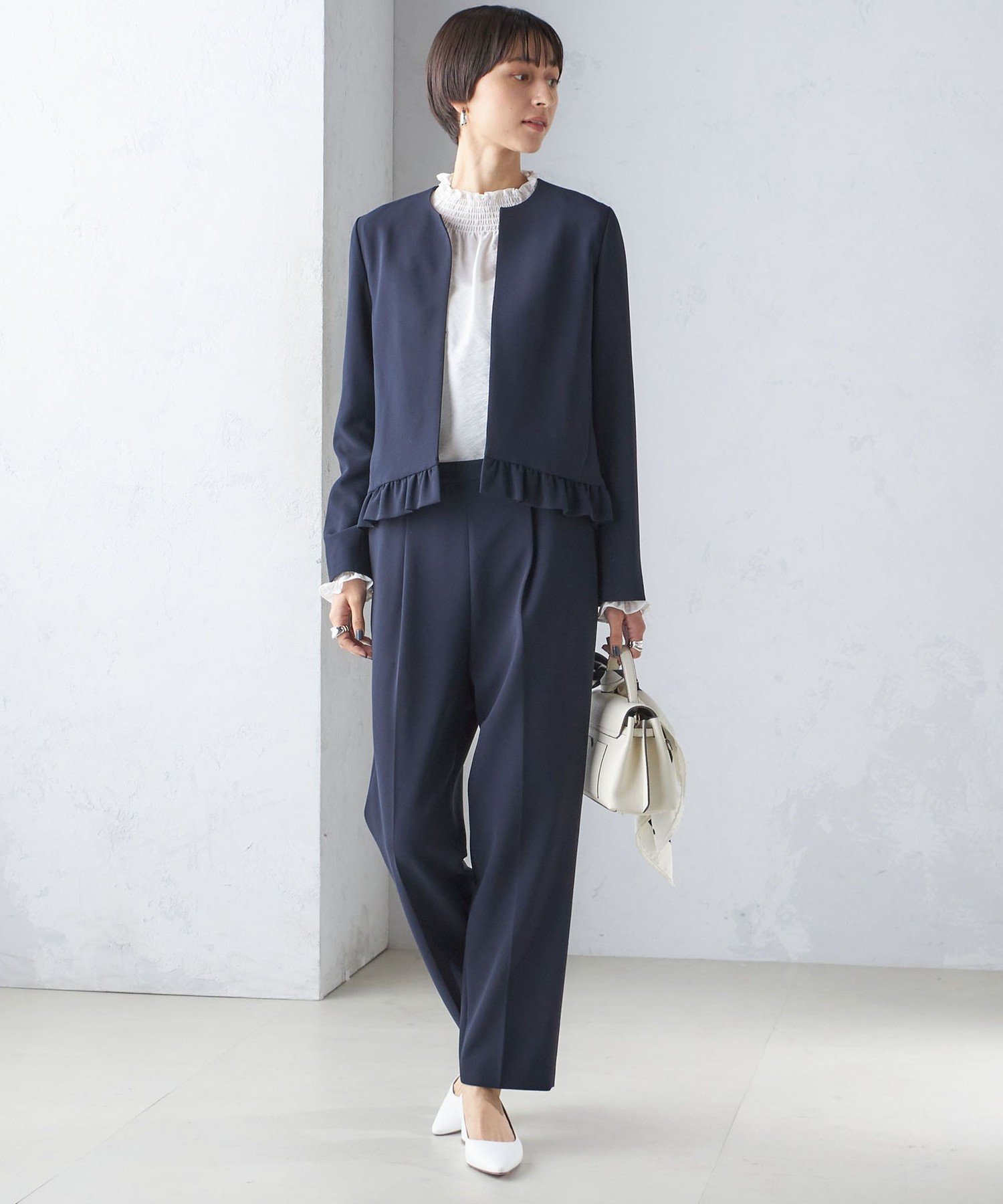 yoriヨリポケットフリルジャケットネイビー yori ネイビー フリルポケット ノーカラージャケット 【公式通販】