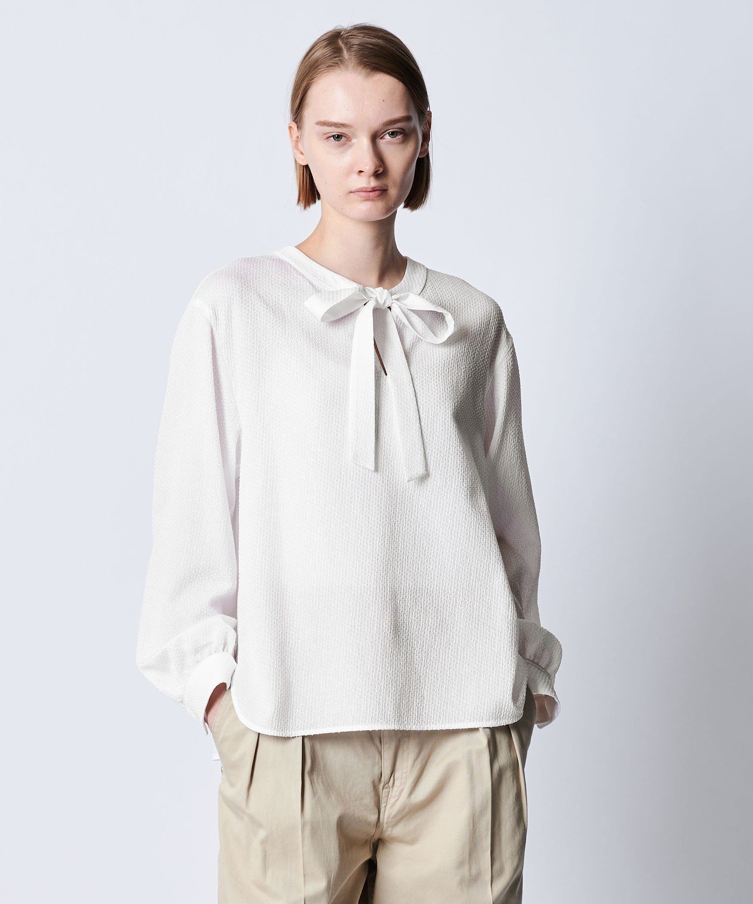 ドゥロワー 7万円 オーガンジー素材リボンシャツ ブラウス Drawer L