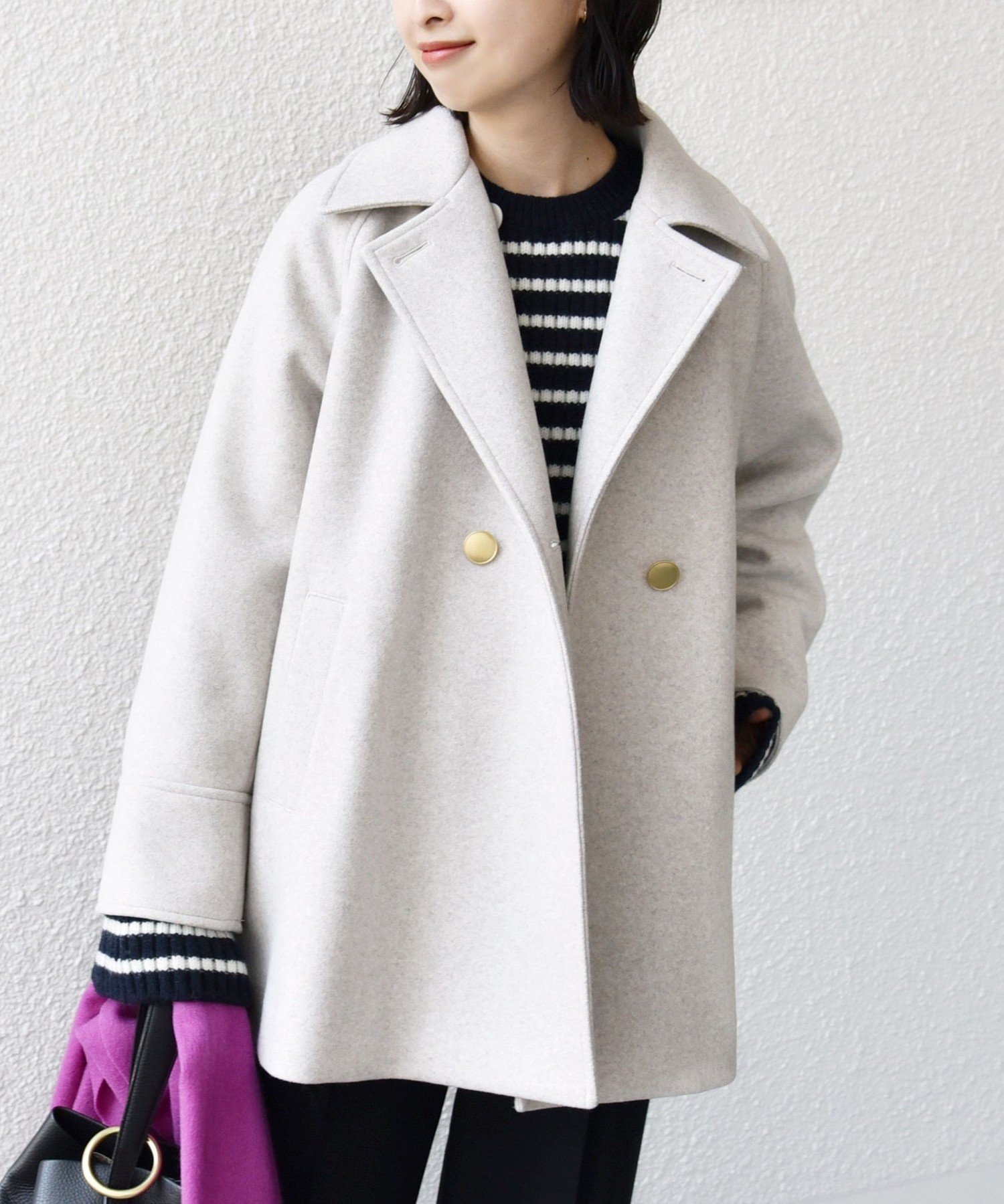 SHIPSウールライク ジャージーメルトン2WAY Pコート・ネイビーSサイズ シップス SHIPS * 〈手洗い可能〉ウール ライク ジャージー メルトン