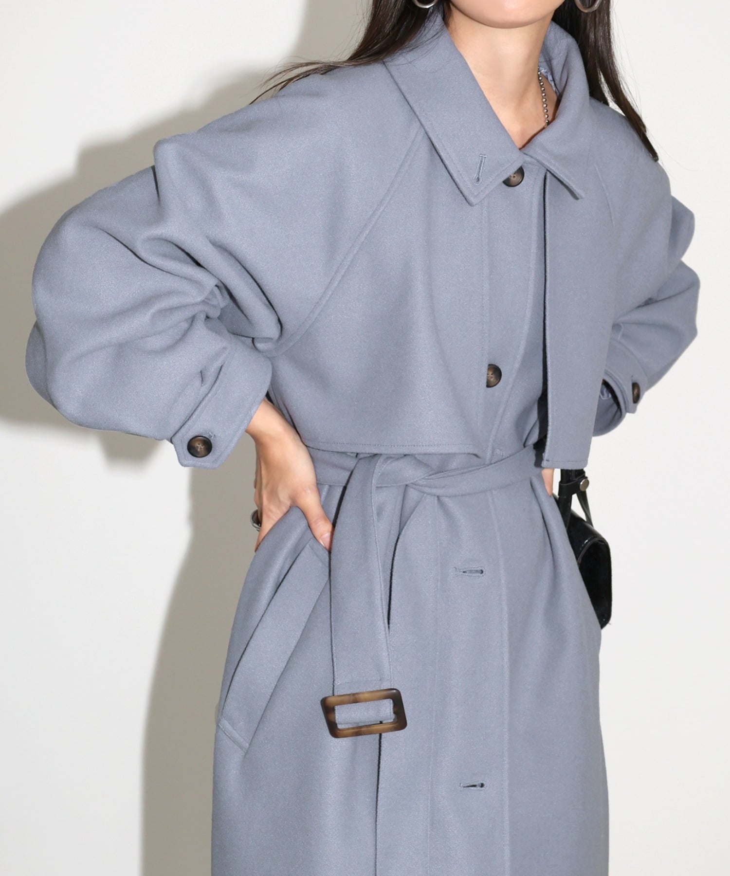 andme｜フェイクウール ウエストベルト付き ロング丈トレンチコート