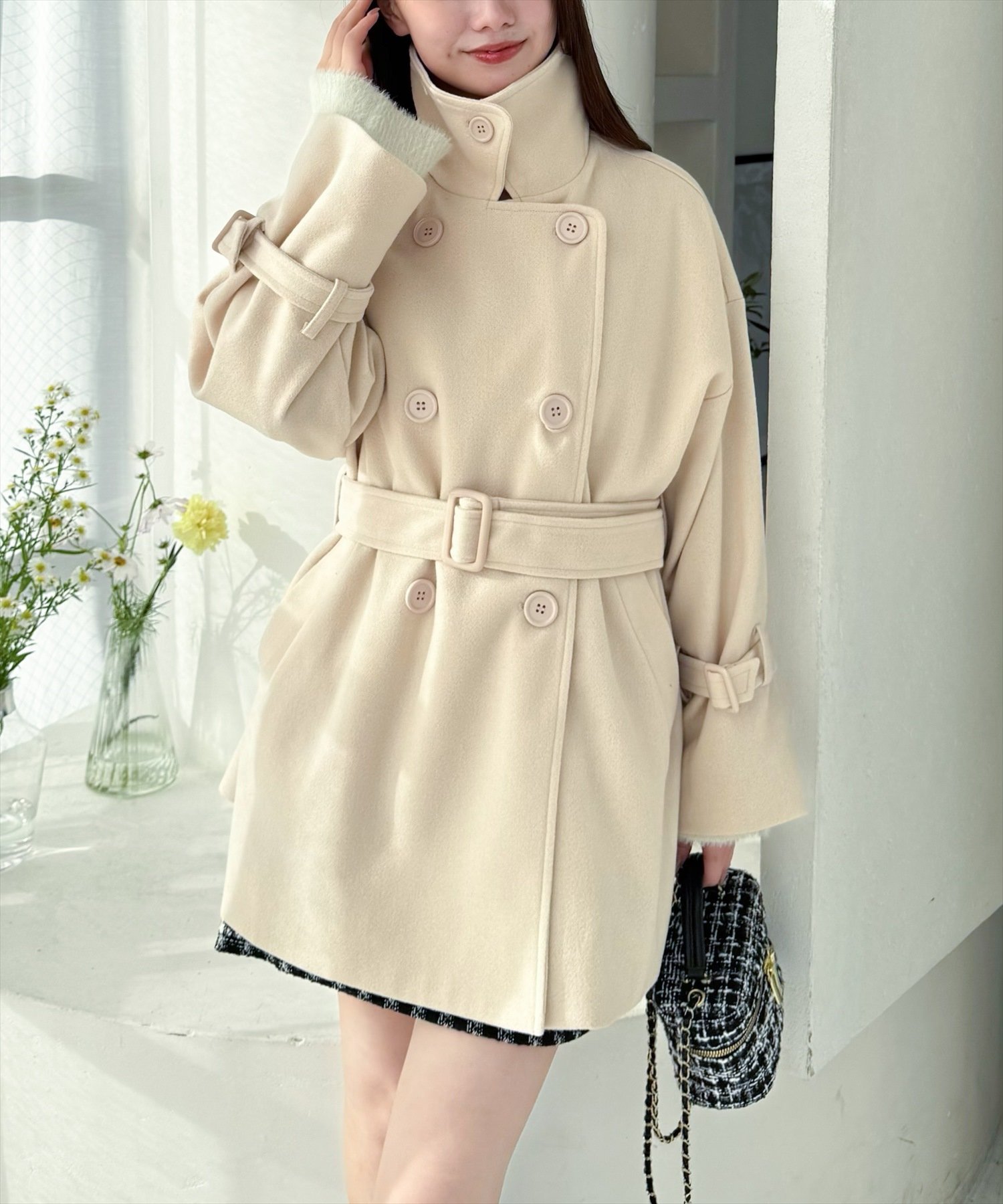 clear｜フェイクウールベルト付きダブルミドルコート | Rakuten