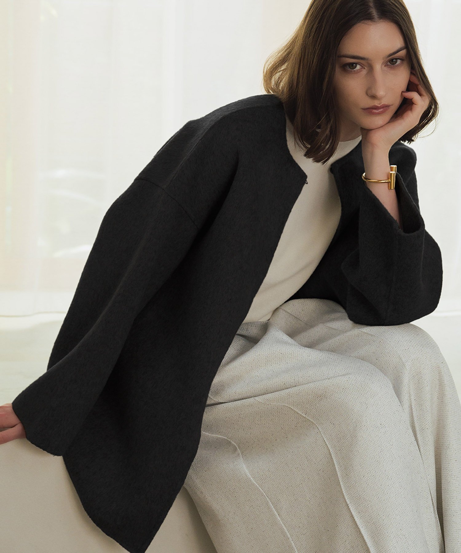 RIVER FIELD & Co.｜【ウール100%】ノーカラー ミドル丈 コート ウール