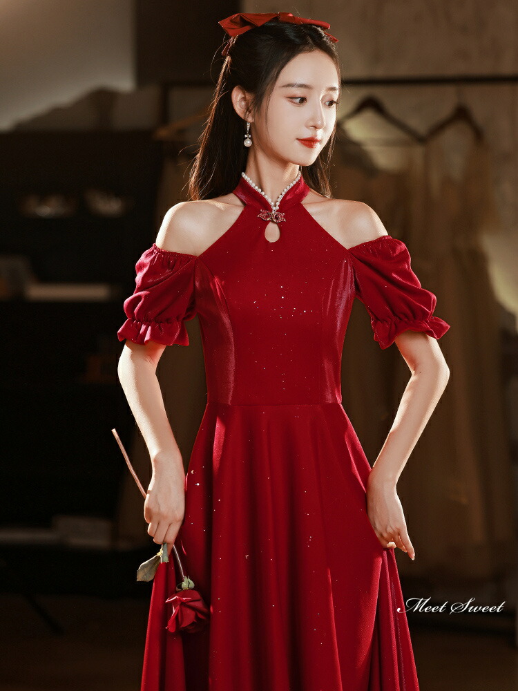 楽天市場】カラードレス パーティードレス ワインレッド