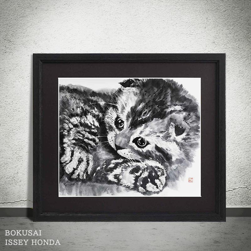 楽天市場】本田一誠の猫画アートフレーム・無垢 35cmx40cm 墨絵の繊細