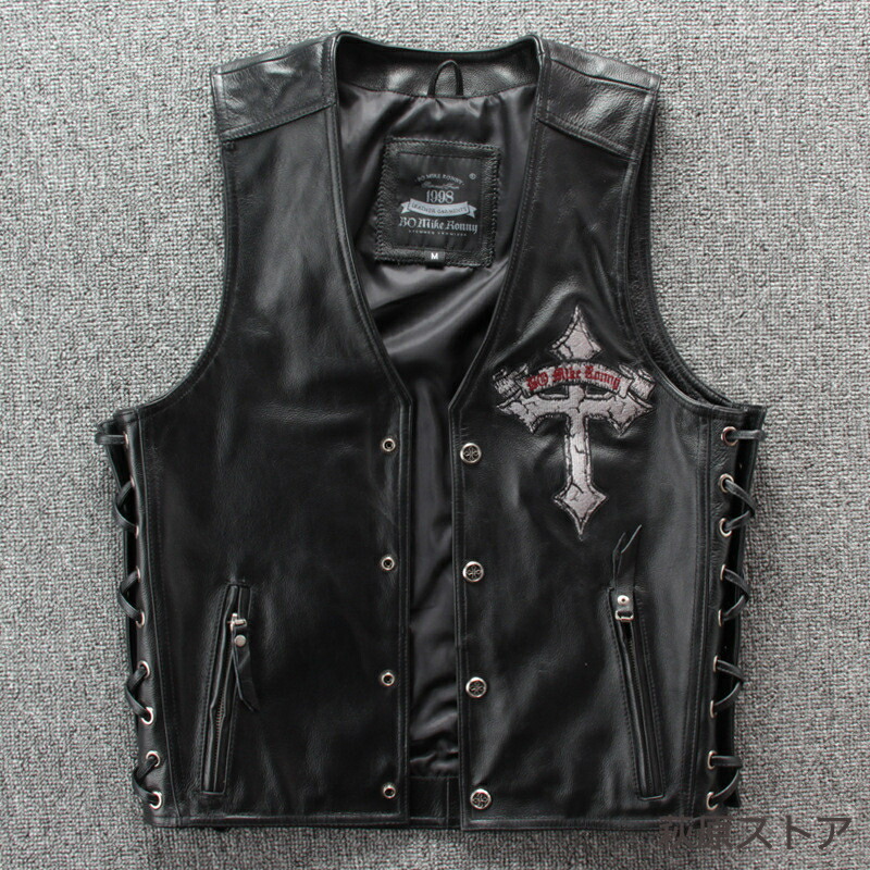 楽天市場】バイク用ベスト 革ベスト 本革 ベスト パンク風 十字架柄
