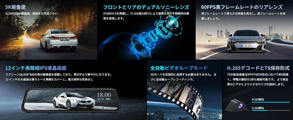 楽天市場】JADO ドライブレコーダーミラー型 5K解像度 12インチ リア