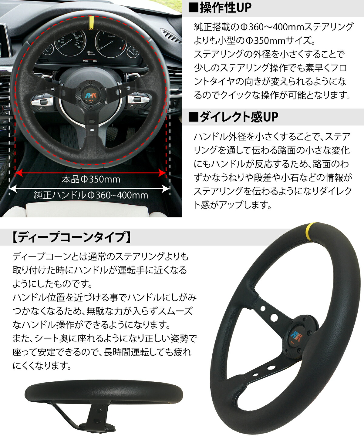 楽天市場】ステアリング 車用 ハンドル ディープコーン Φ35cm Deep97