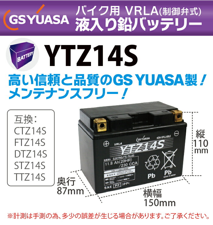 楽天市場】ytz14s 最高品質 GS YUASA バイク バッテリー YTZ14S 充電