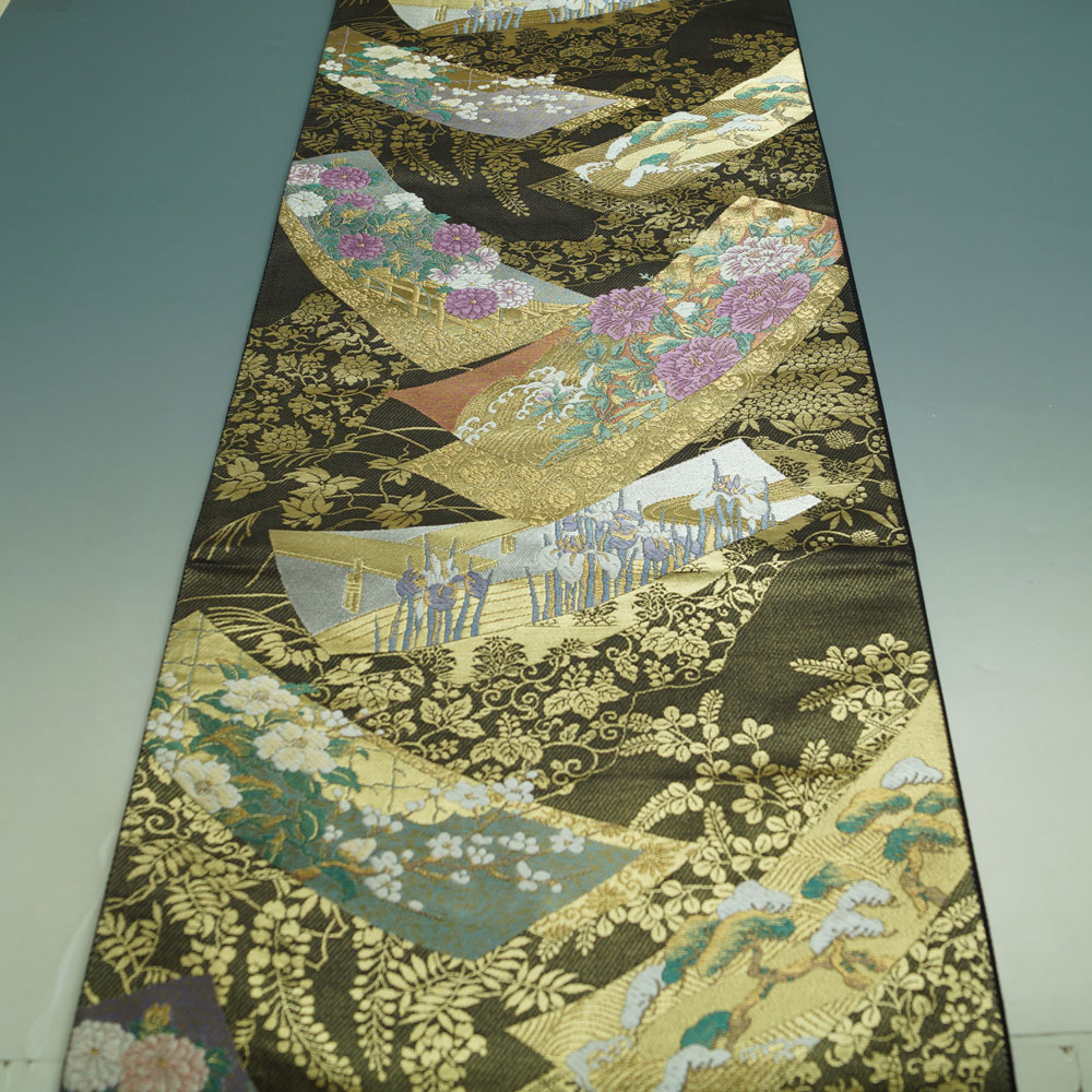 楽天市場】袋帯 じゅらく 帝王紫 短冊に春秋百花模様 黒色 金箔 金糸