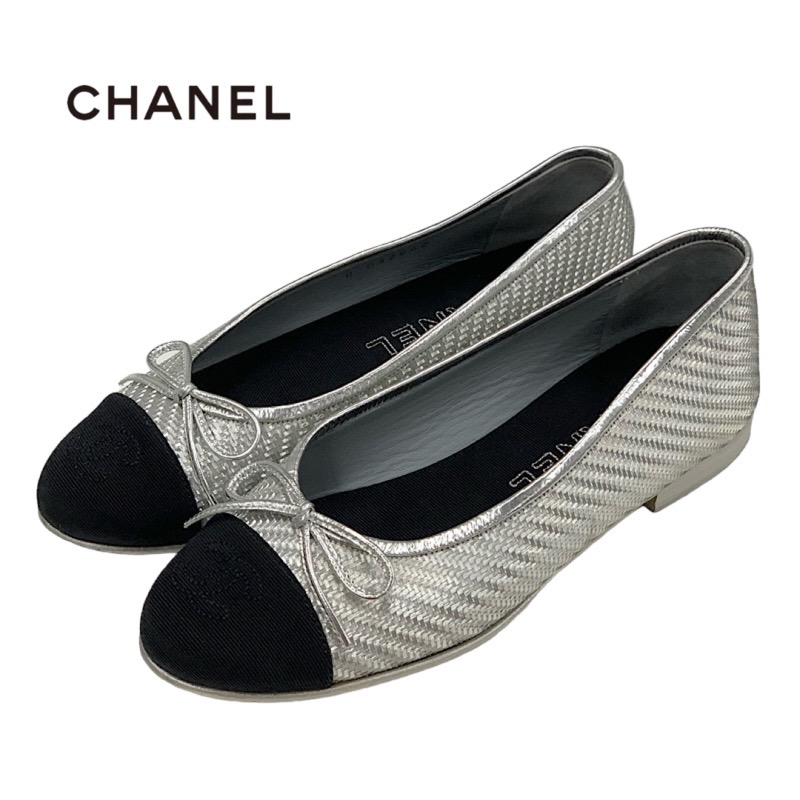 CHANELシャネル フラットシューズ CHANEL シルバー バレエシューズ 38