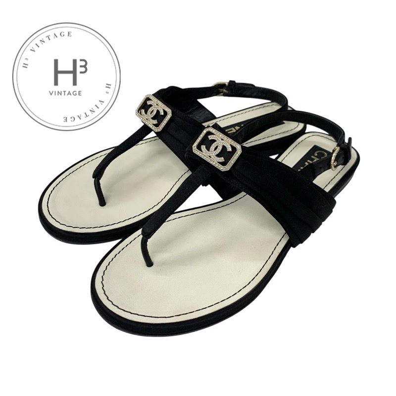 シャネル CHANEL サンダル 靴 シューズ サテン ブラック 黒 ゴールド