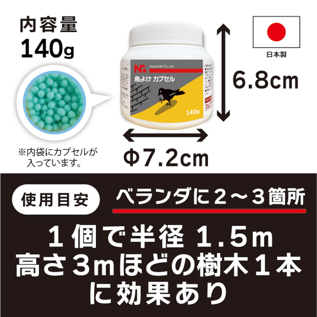 楽天市場】鳥さん避けテク カプセル 140g 日本製 鳥類全般用 忌避剤