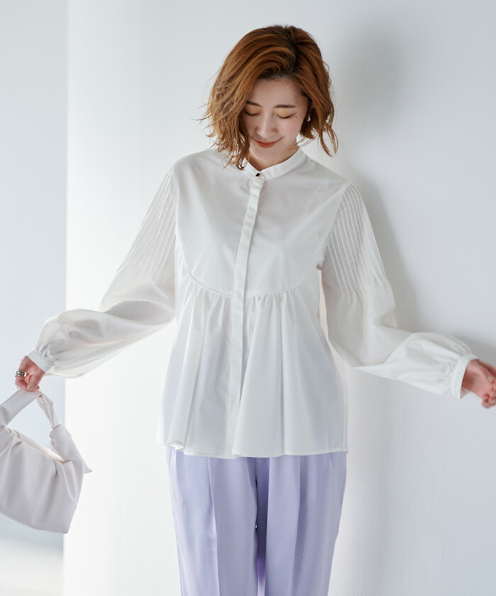 楽天市場】デザインスリーブバンドカラーフレアシャツ トップス