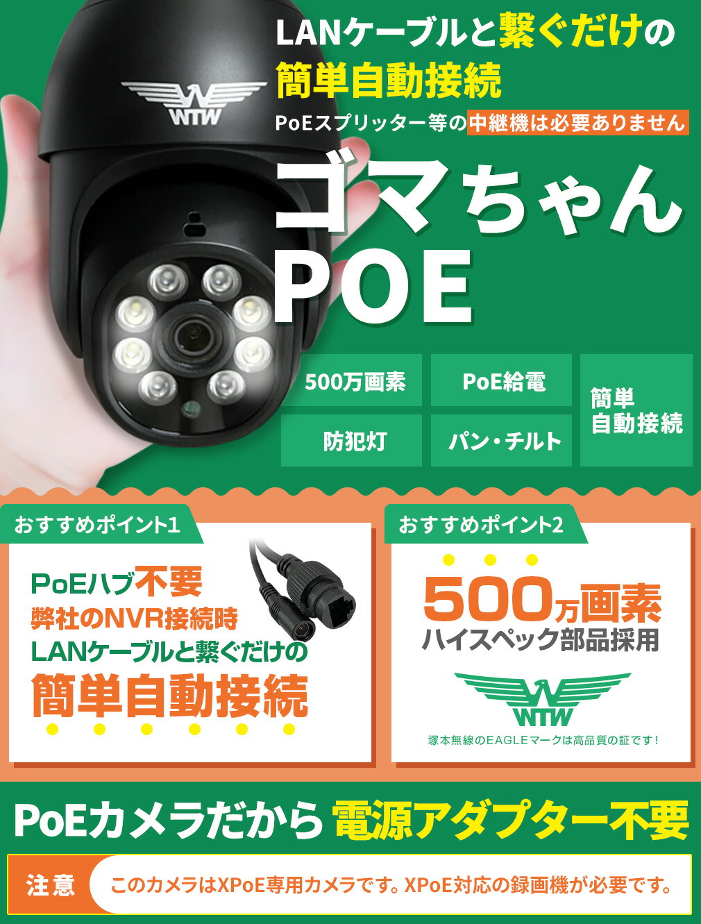 楽天市場】WTW 塚本無線 防犯カメラ PoE 屋外 360°PTZ首振り 防犯灯