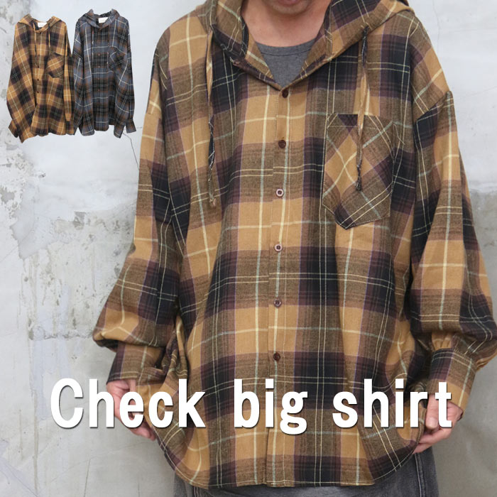 楽天市場】フード付きチェック柄ビッグシャツ メンズ チェック柄ビッグ