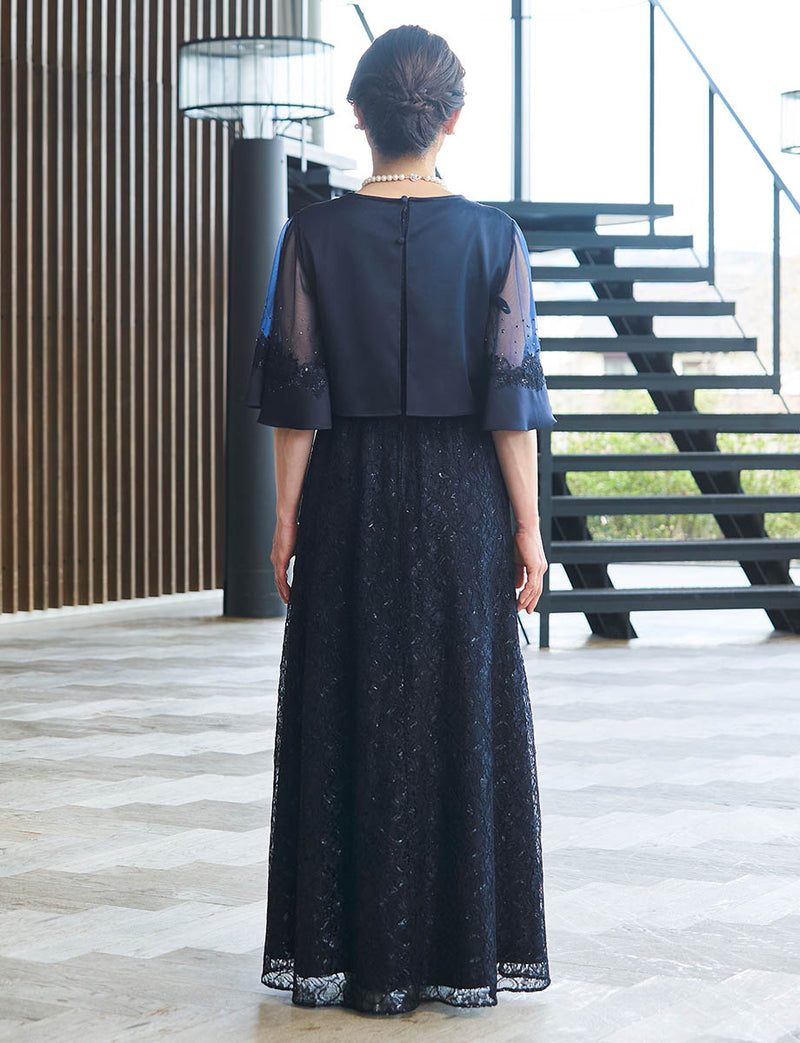 結婚式 母親ドレス ダークネイビー・マザーズドレス レース ケープ付き