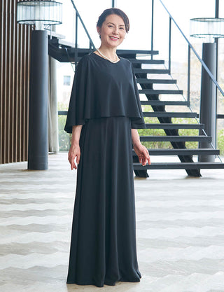 結婚式 母親ドレス 黒・マザーズドレスシフォン ケープ付き MD0411-BK