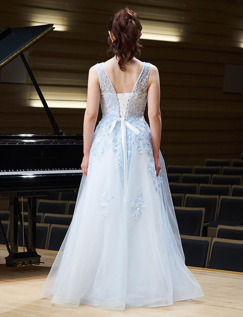 パステルブルー ロングドレス ペールブルー ビジュレース 演奏会