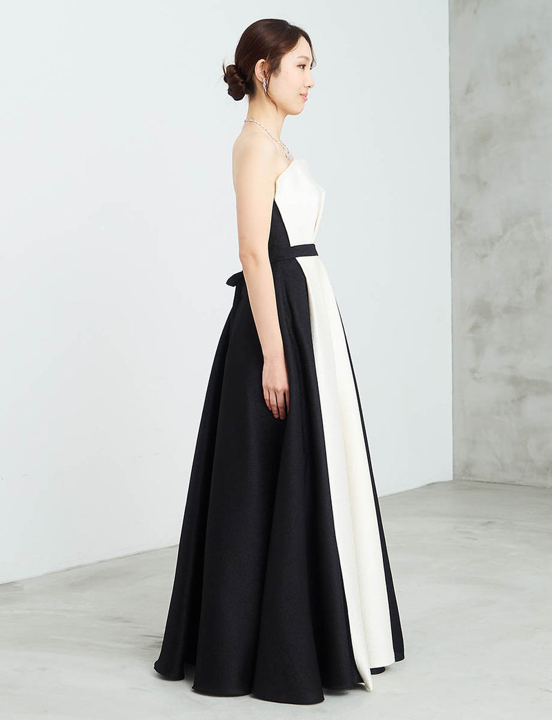 バイカラーロングドレス ベアトップ 白黒 肩紐付き 発表会・演奏会
