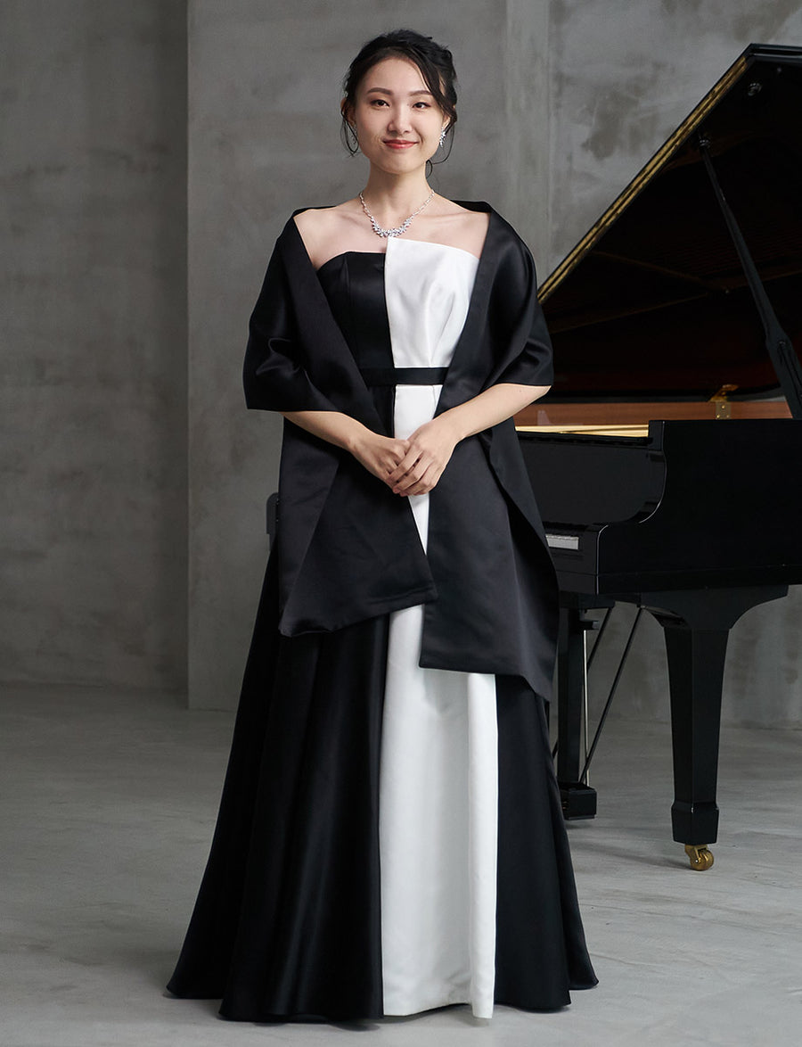 ベアトップロングドレス 演奏会用 ブラックホワイト サテン｜ツイード