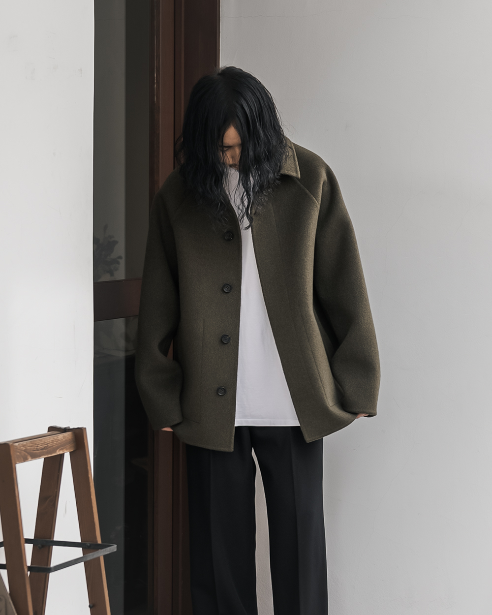 POSTELEGANT / Wool Rever Raglan Short Coat (Heather Moss) | twelve