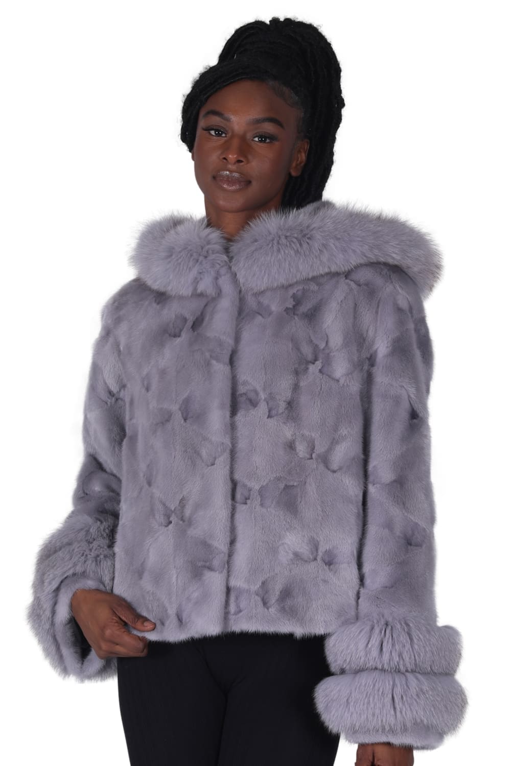 Natural Sapphire Mink Sections 22” Hooded Jacket with Fox Trim