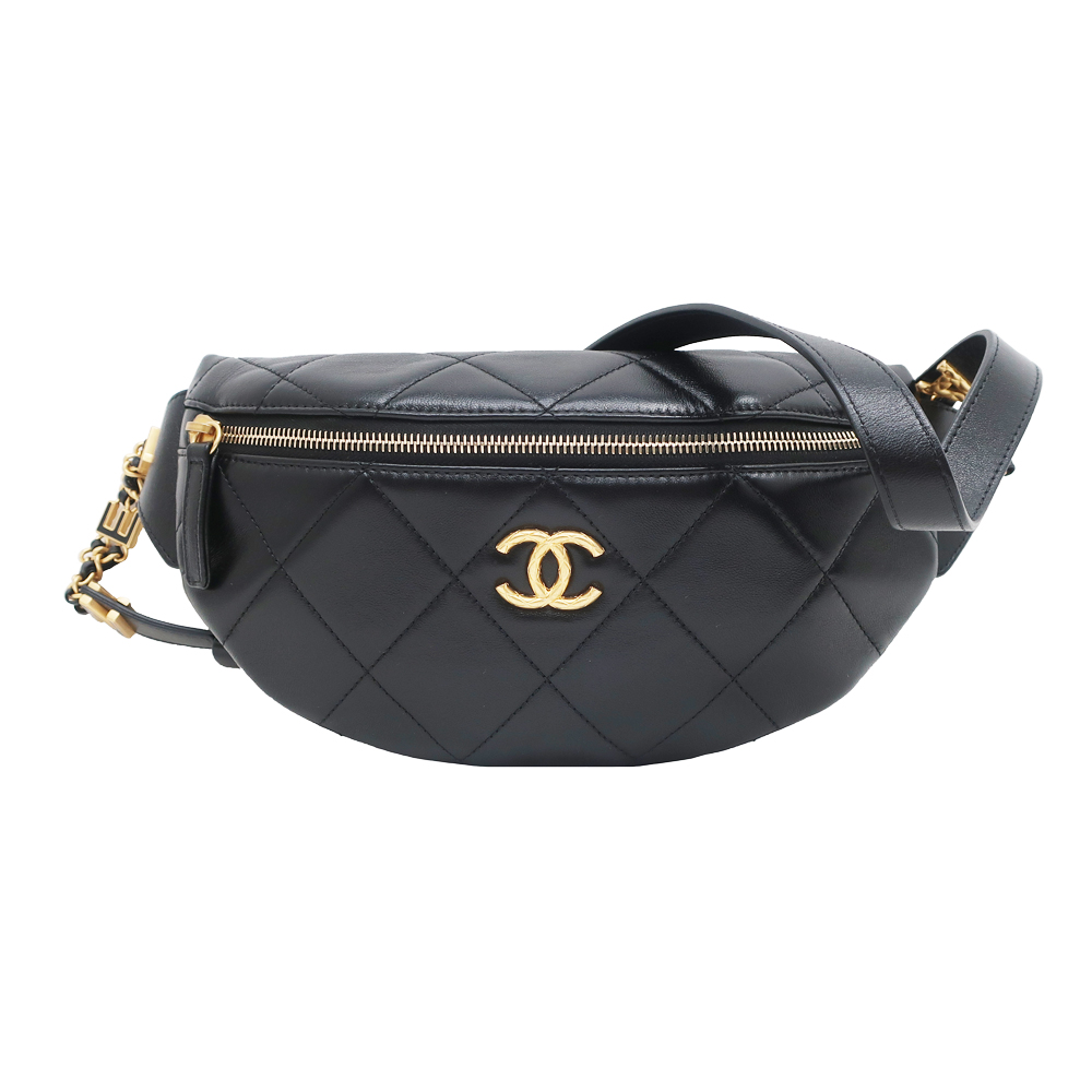 名東】【CHANEL】シャネル ウエストバッグ ラムスキン ブラック 黒