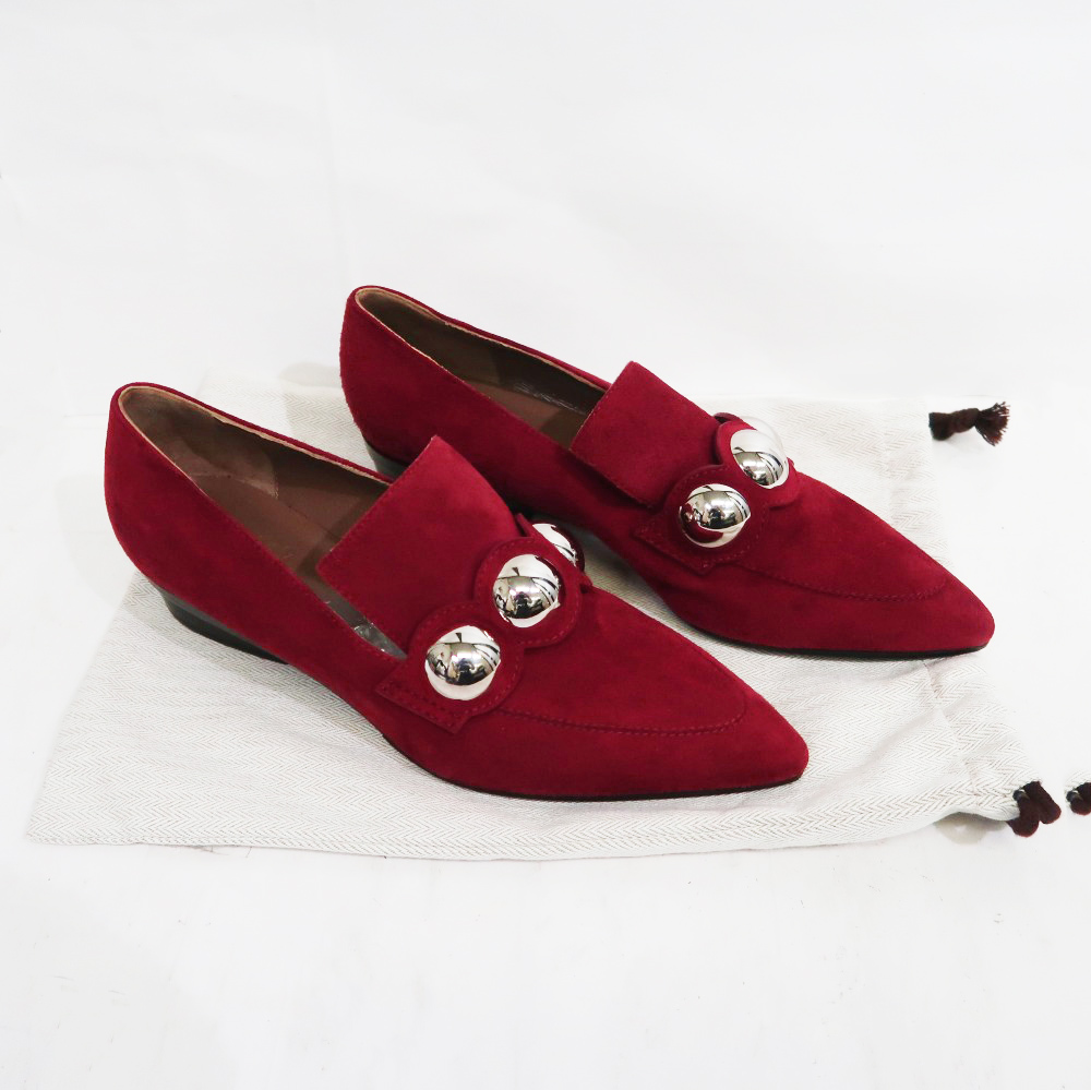 名東】【HERMES】エルメス スタッズ パンプス 37 赤系 スウェード