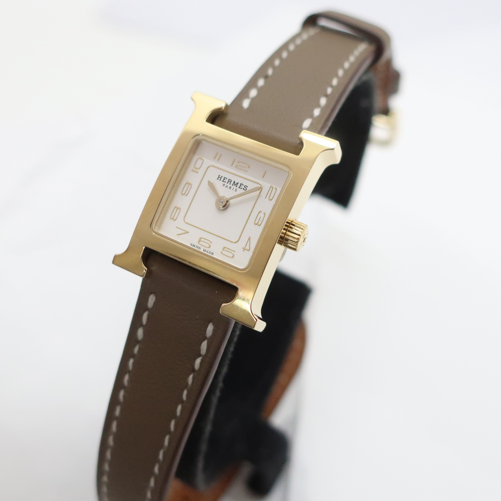 天白】【HERMES】エルメス Hウォッチ ミニ HH1.101 GD金具 レザー