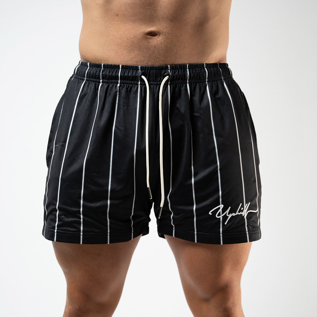 UPHILLBATTLE | Black & White Pin Strip Mesh Shorts