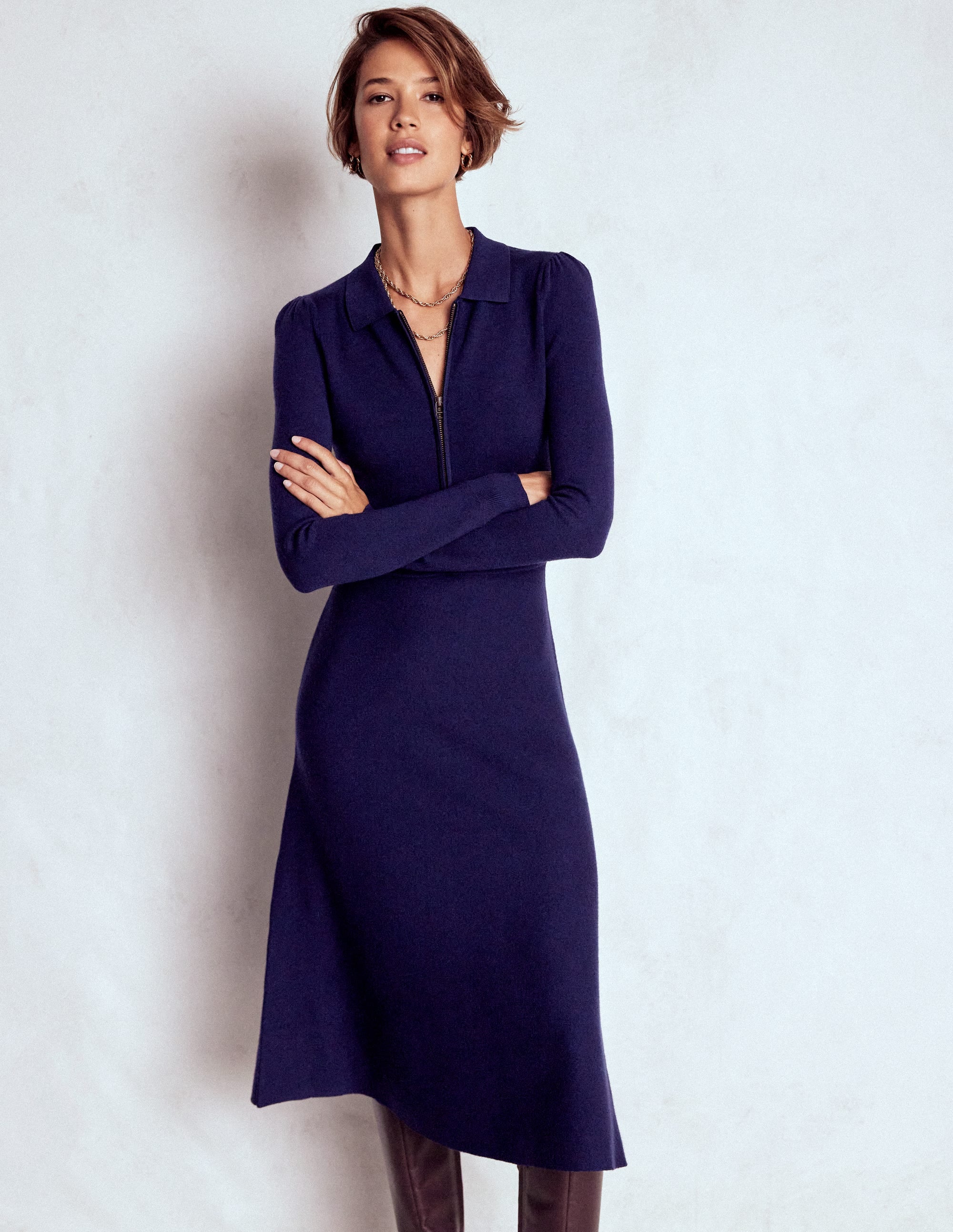 Fiona Zip Front Knitted Dress-Navy | Boden USA