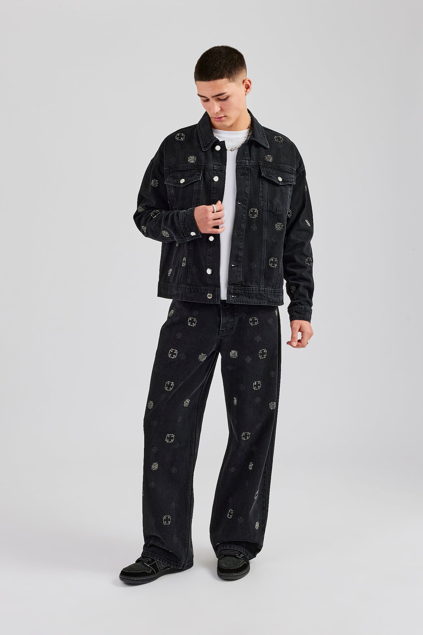 Oversized Embellished Denim Jacket - Washed Black | Mens Denim