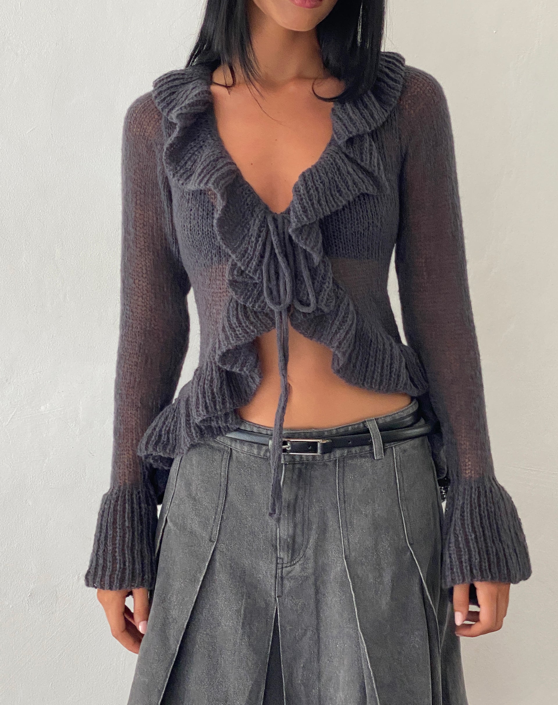 Dark Charcoal Ruffle Knit Cardigan | Kendra – motelrocks-com-us
