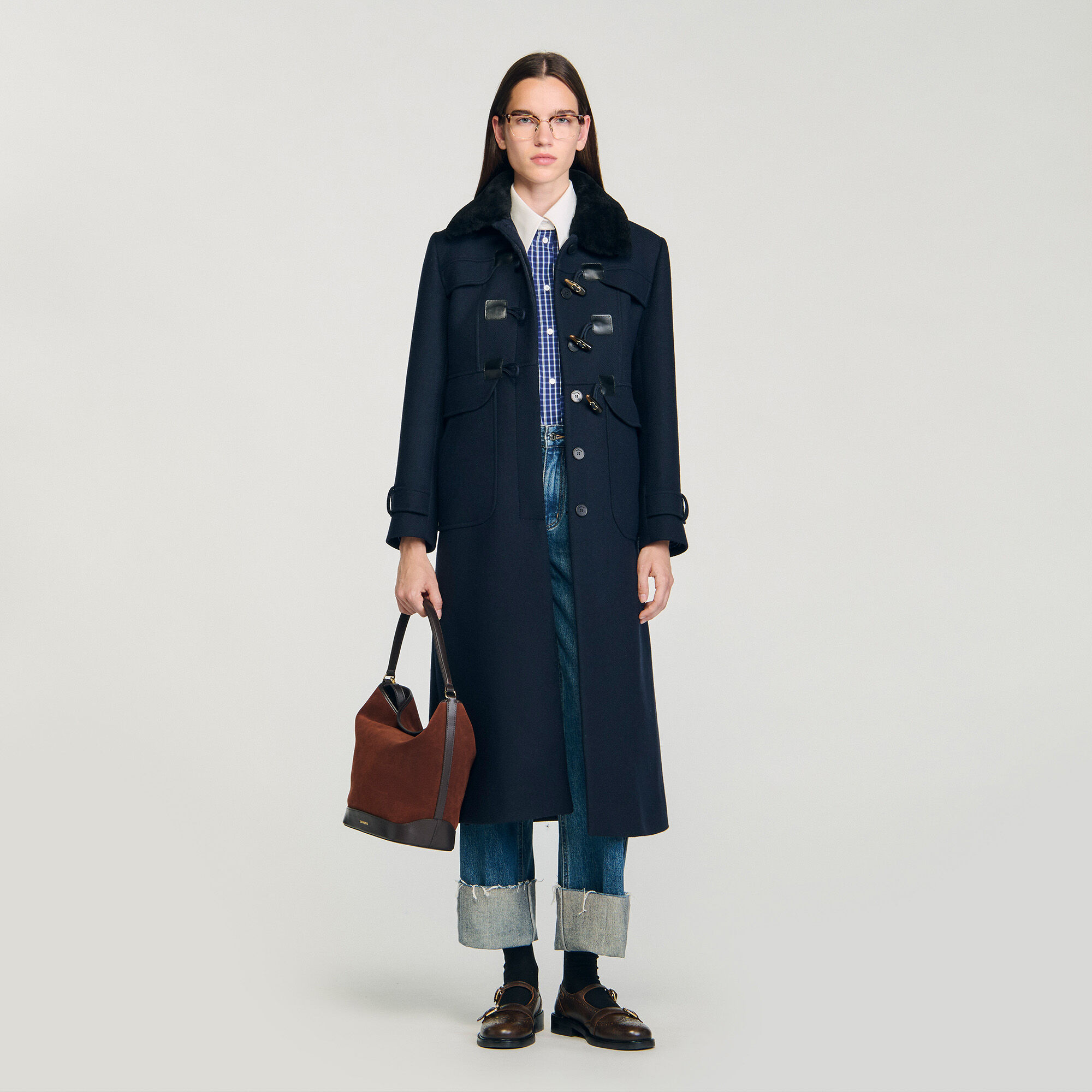 Coat with removable shearling collar blue For Women | Sandro Paris