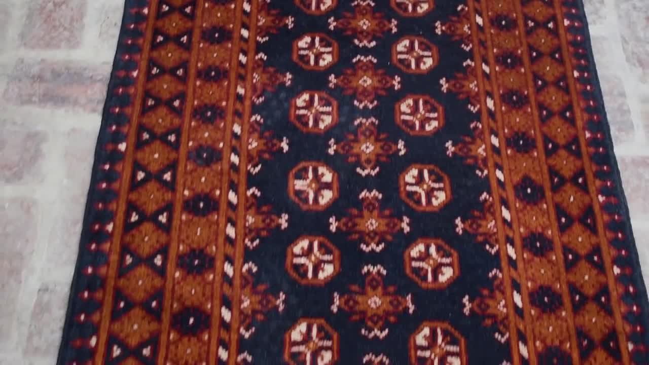 ヴィンテージ トルクメン ボハラ ランナーラグ、3x10 ネイビーブルー