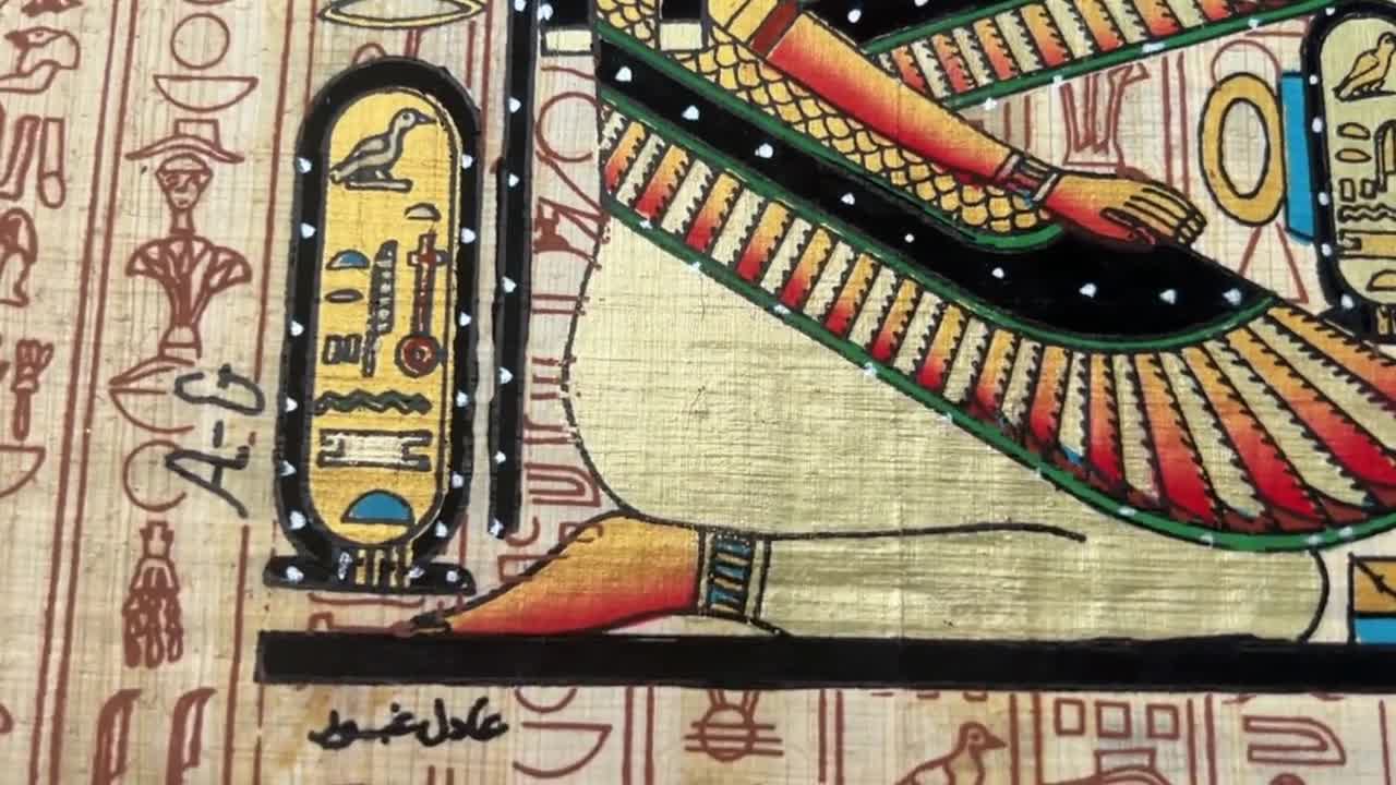 ヴィンテージ手描きパピルス - マアトとイシス、エジプトの女神アート