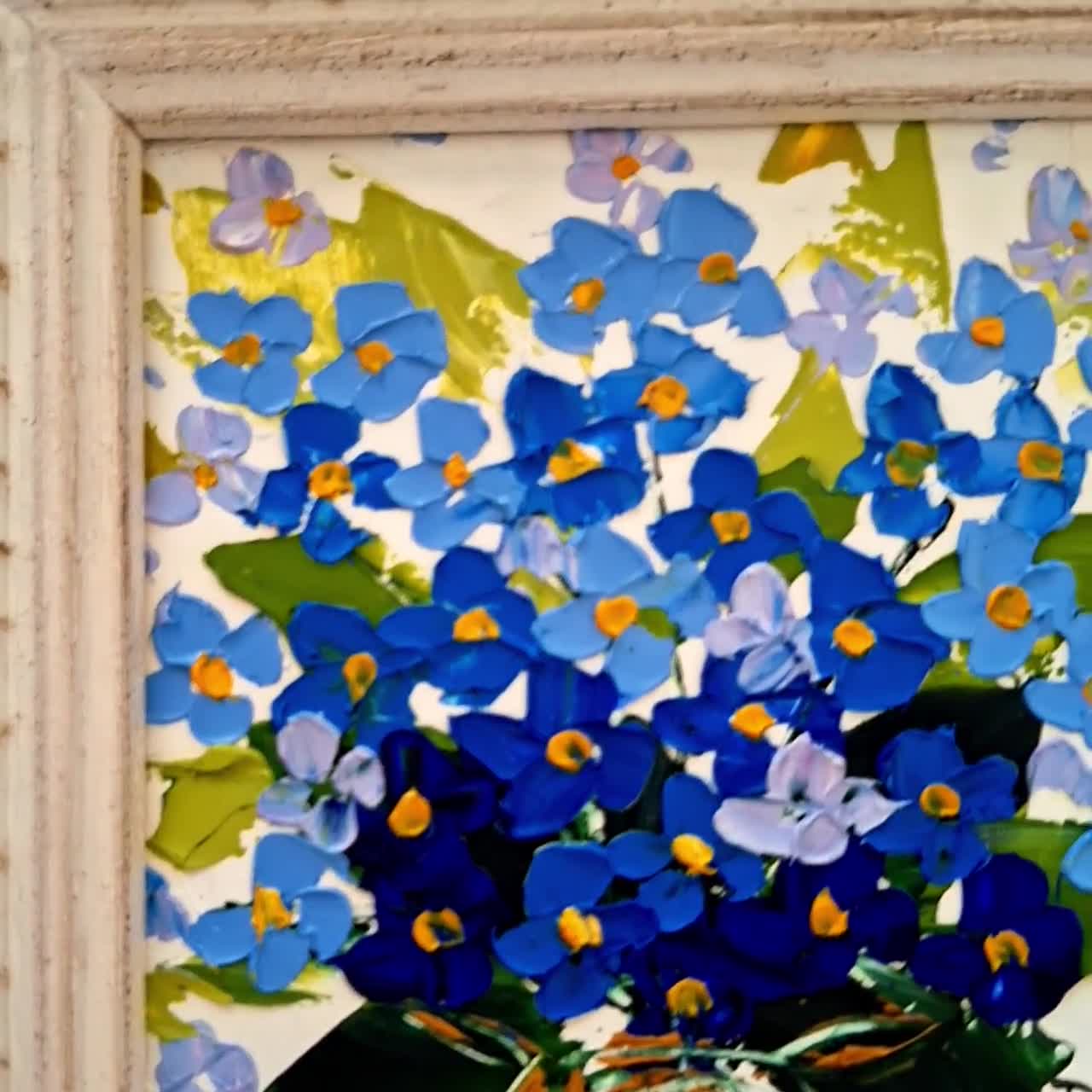 忘れな草の絵画 花 オリジナルアート インパスト 油絵 額入り 4x4