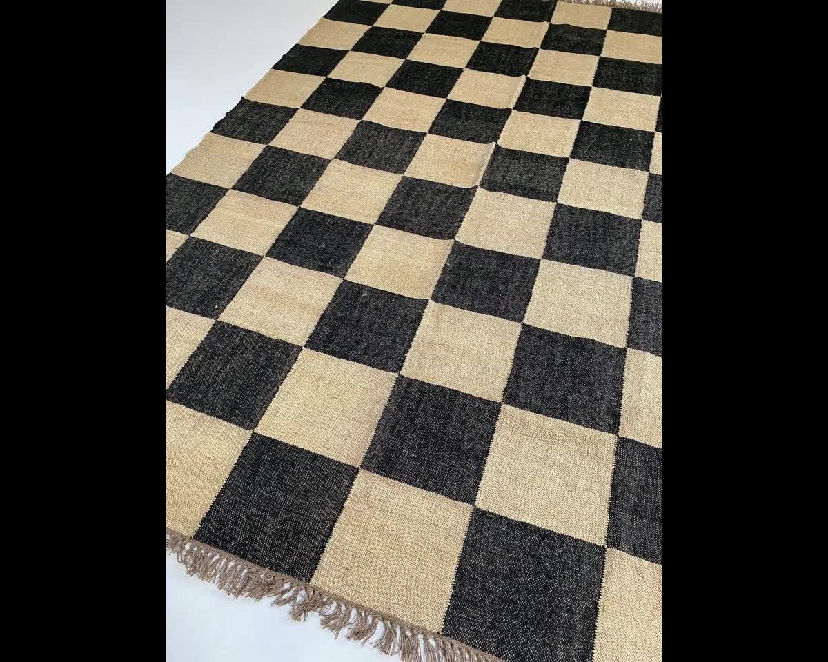 チェッカーボードウールジュートキリムエリアラグ、ホーム