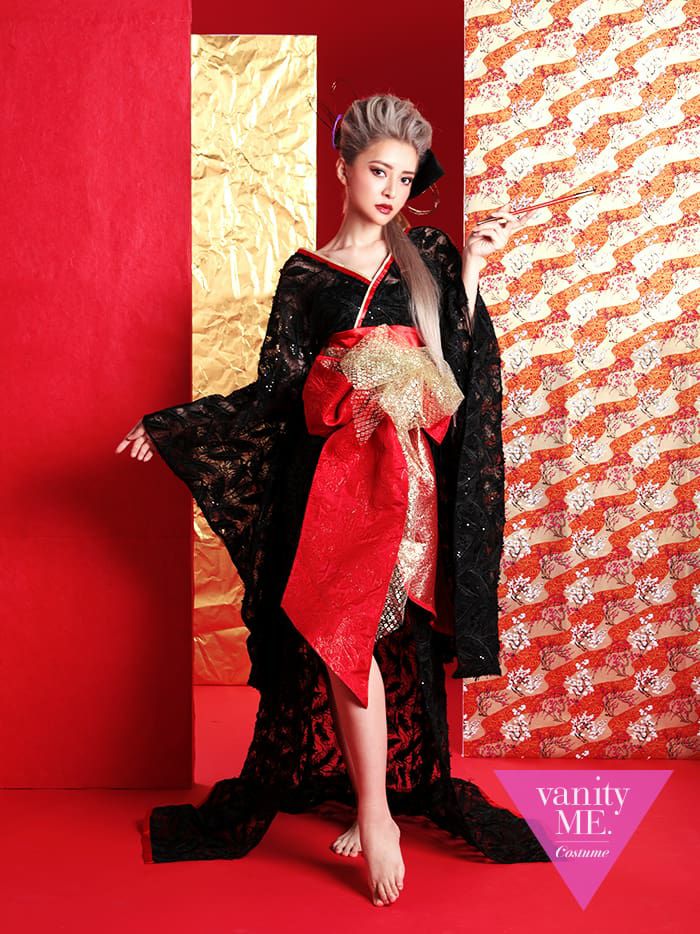 花魁コスチューム フェザー花魁 黒×赤 vcsot-190305-2 | コスプレ