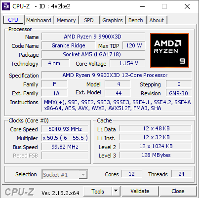 AMD Ryzen 9 9900X3D @ 5040.93 MHz - CPU-Z VALIDATOR