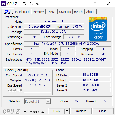 Intel Xeon v4 @ 2671.34 MHz - CPU-Z VALIDATOR