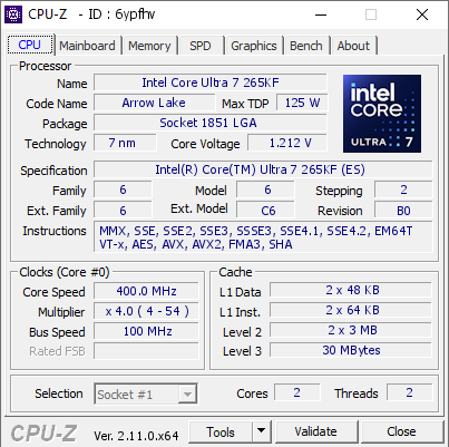 Intel Core Ultra 7 265KF @ 400 MHz - CPU-Z VALIDATOR