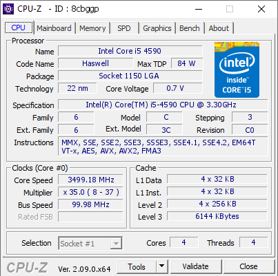 Intel Core i5 4590 @ 3499.18 MHz - CPU-Z VALIDATOR