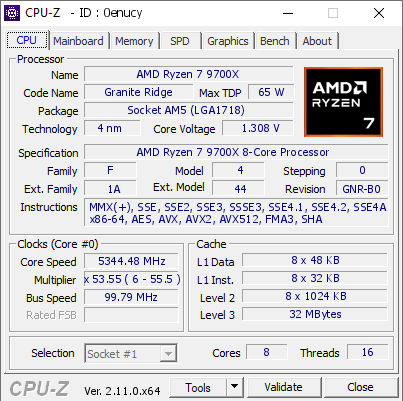 AMD Ryzen 7 9700X @ 5344.48 MHz - CPU-Z VALIDATOR