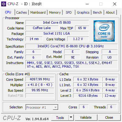 Intel Core i5 8600 @ 4097.99 MHz - CPU-Z VALIDATOR