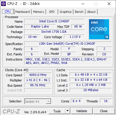 Intel Core i5 13400F @ 4090 MHz - CPU-Z VALIDATOR